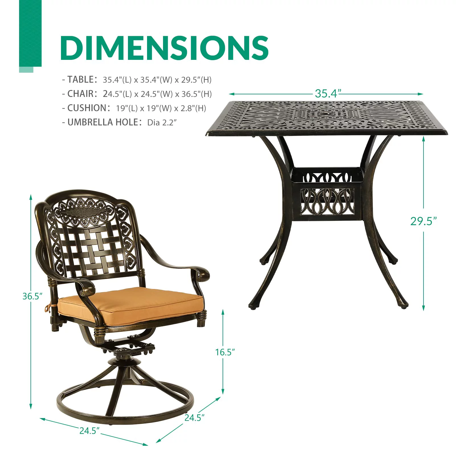 VIVIJASON 5-Piece Outdoor Patio Dining Set, All-Weather Cast Aluminum Conversation Set, Patio Furniture Set for Balcony Lawn Garden, Include 4 Swivel Cushioned Chairs, 1 Square Table w/Umbrella Hole