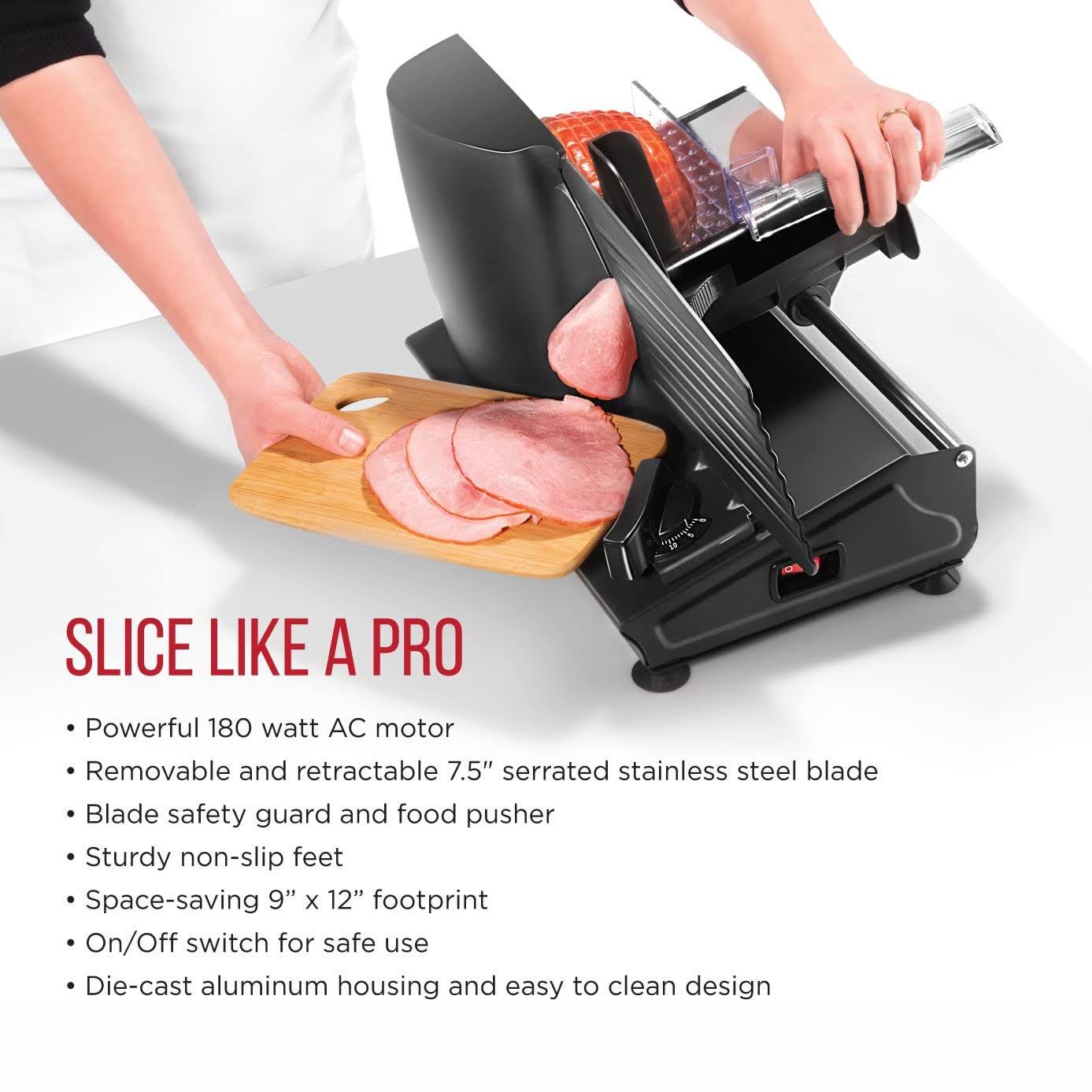 Chefman Die-Cast Electric Deli Food Slicer Serrated Stainless Steel Blade Black