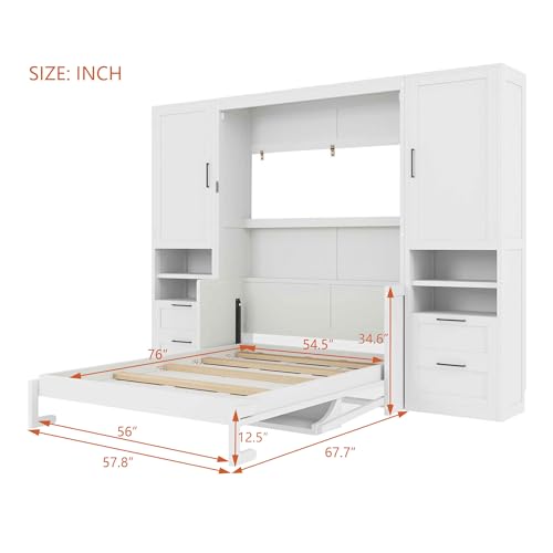 KLMM Wooden Murphy Bed Wall Bed with 2 Wardrobe and Storage Shelf,Foldable Platform Bedframe for Guest-Room Bedroom Study Office Use (White#E, Full)