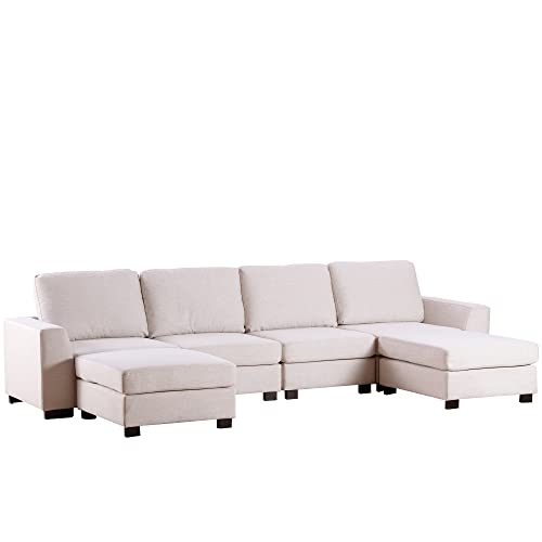 RWRAPS Modern Linen Sectional Sofa Set Convertible Corner Couch w/Removable Ottomans Chaise &Padded Seat/Cushions for Reception Room,Free Combination Living Room Set w/Wide Armrest&Wood Legs for Home