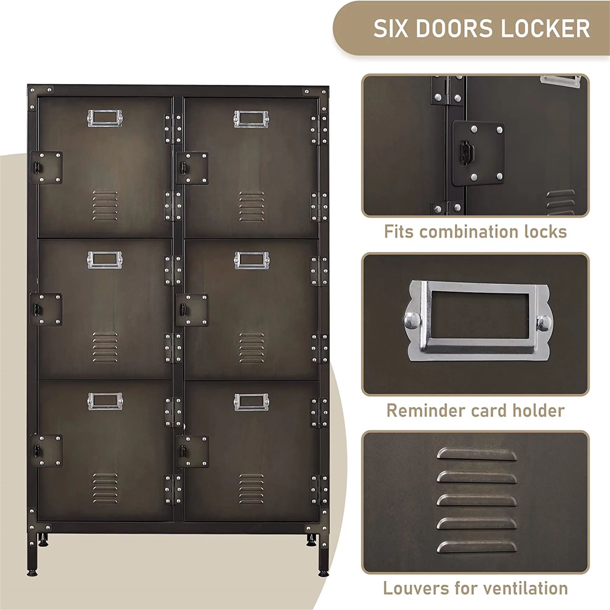 STANI Metal Storage Cabinet, Storage Locker Employees Locker with 6 Doors, 47 Height Steel Cabinet with Lockable Doors, Storage Cabinet with Adjustable Feet for Home Office Gym Clothes
