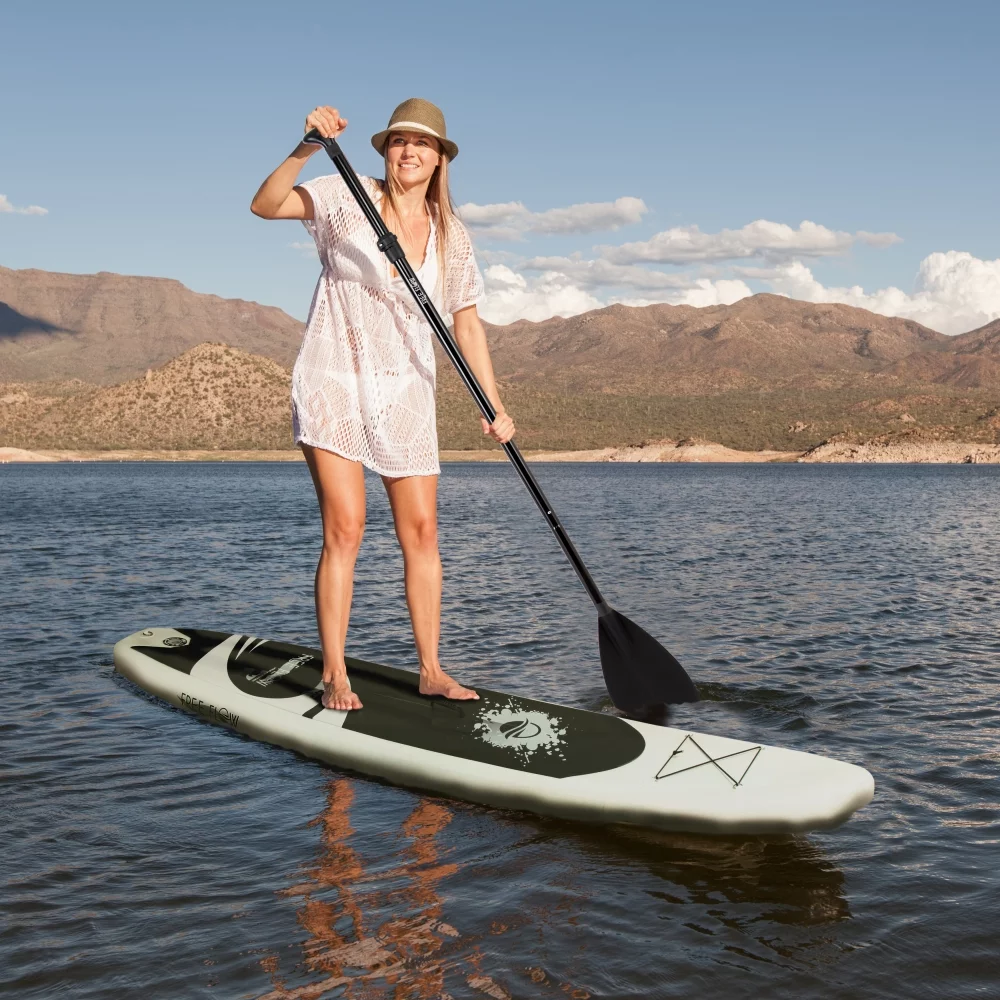 SereneLife 11 Foot Free Flow Inflatable SUP Stand Up Paddle Board Kit, White
