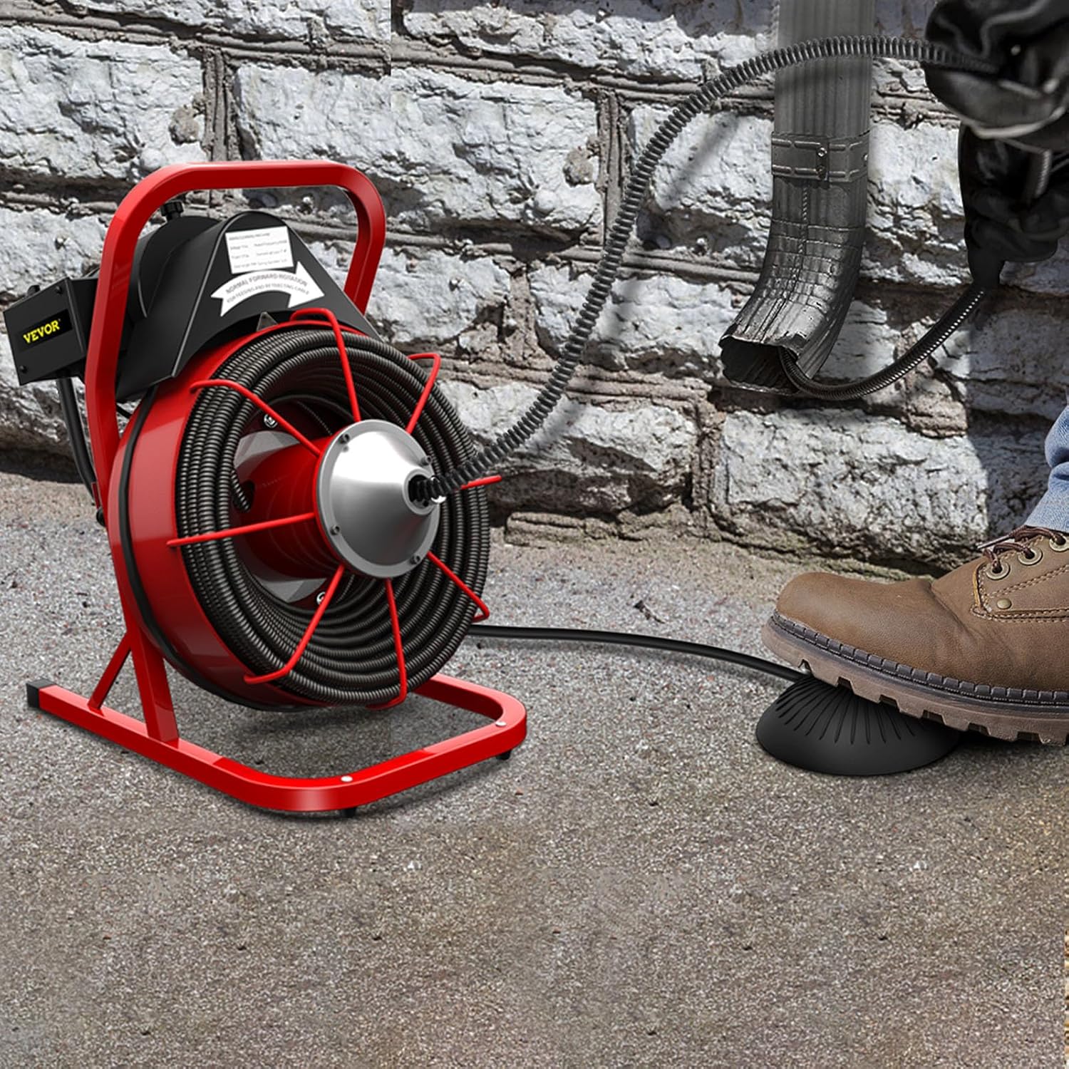 VEVOR 75FT x 1/2 Inch Drain Cleaning Machine 370W Sewer Snake Auger Cleaner Electric Clog Remover Plumbing Tool with 4 Cutters & Air-Activated Foot Switch for 1" to 4" Pipes, Red, Black