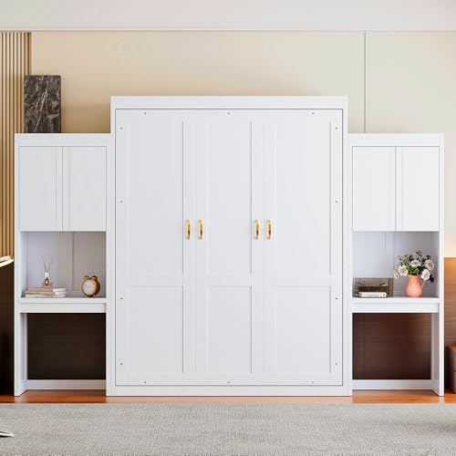 KLMM Wooden Murphy Bed Wall Bed with 2 Wardrobe and Storage Shelf,Foldable Platform Bedframe for Guest-Room Bedroom Study Office Use (White#E, Full)