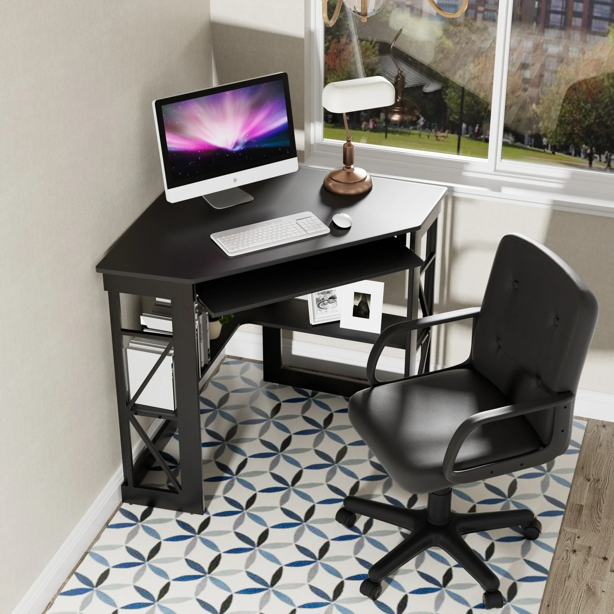 VECELO Corner Computer Desk & Chair Set, Ergonomic High Back Adjustable Height Office Chair and Study Writing Table with Keyboard Tray and Storage Shelf, Black