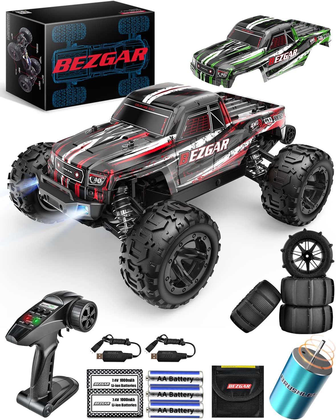BEZGAR HM161 Hobby Grade 1:16 Remote Control Truck, 4WD High Speed 40+ Kmh All Terrains Electric Toy Off-Road RC Vehicle Car Crawler with Rechargeable Battery for Boys Kids and Adults