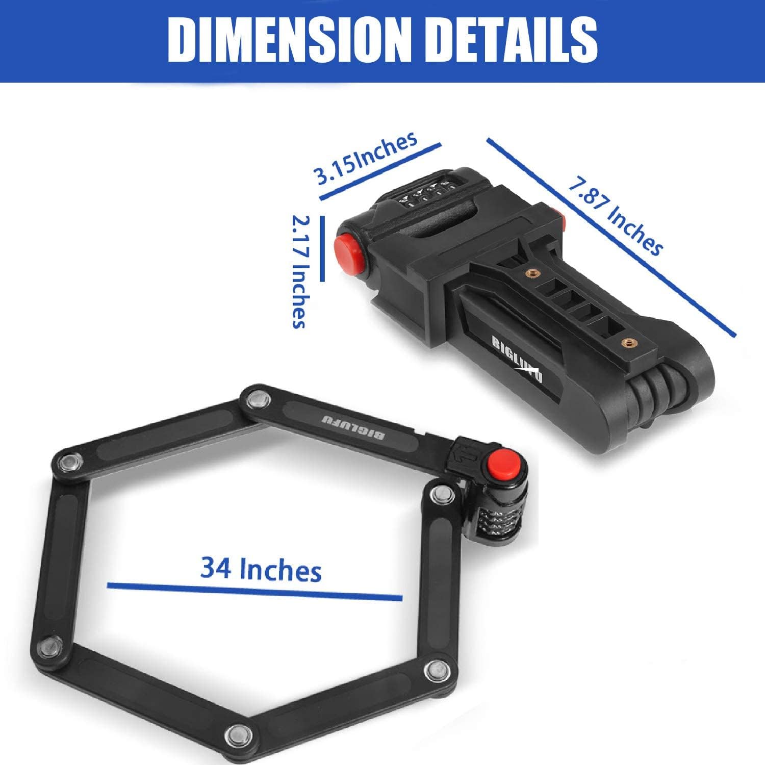 BIGLUFU Folding Bike Lock, Heavy Duty Alloy Steel Structure Foldable Chain Bicycle Locks with 4 Digits Combinations, Mounting Brackets and 2pc Straps, 86cm/34" Long Unfolding, 2.64lbs Weight.
