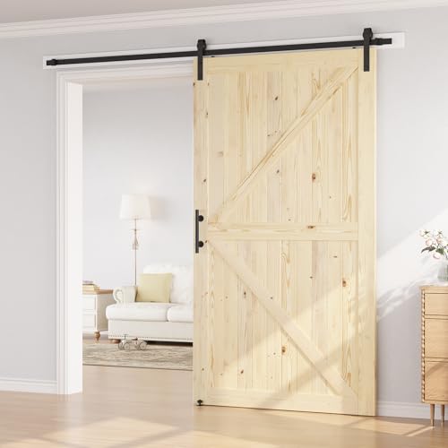 SMARTSTANDARD 36in x 84in Sliding Barn Door with 6.6ft Barn Door Hardware Kit Included, Unfinished Solid Spruce Wood Door, Assembly Required, DIY, Stainable, Natural
