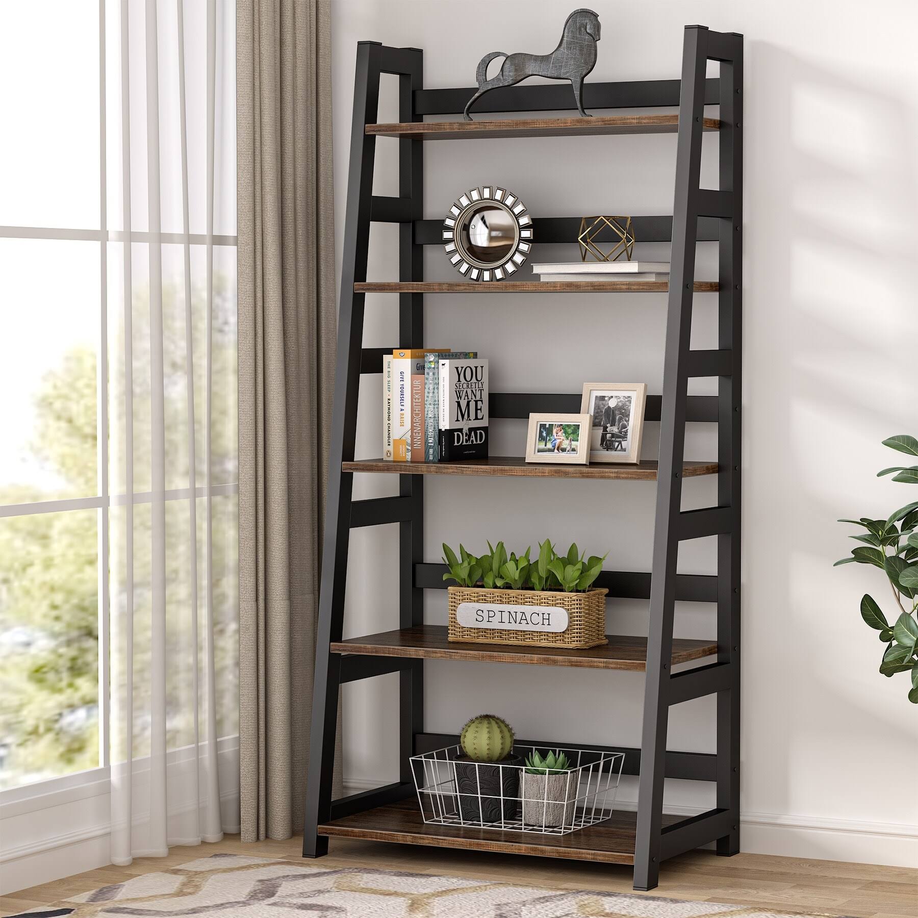 5-Tier Ladder Bookshelf Bookcase, 5 Shelf Ladder Shelves for Living Room - Brown