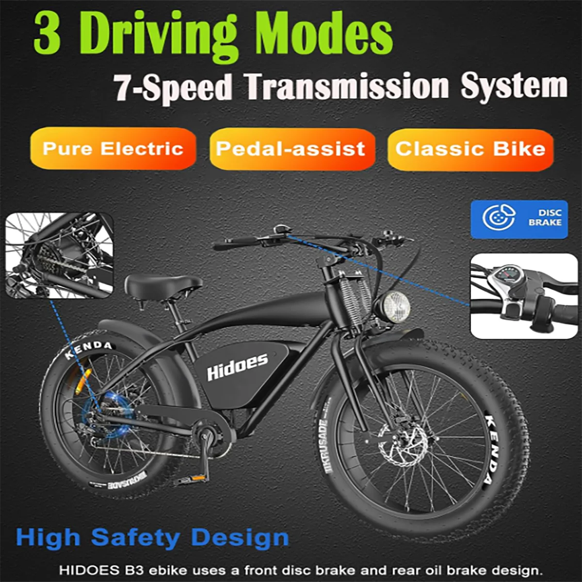 Hidoes Adult Electric Mountain Bikes Commute Ebike 1200W up to 49 Miles Long Range & 31mph, Pedal Assist E-bike Cruiser Electric Bicycle with Shimano 7 Speeds & 26" Fat Tire
