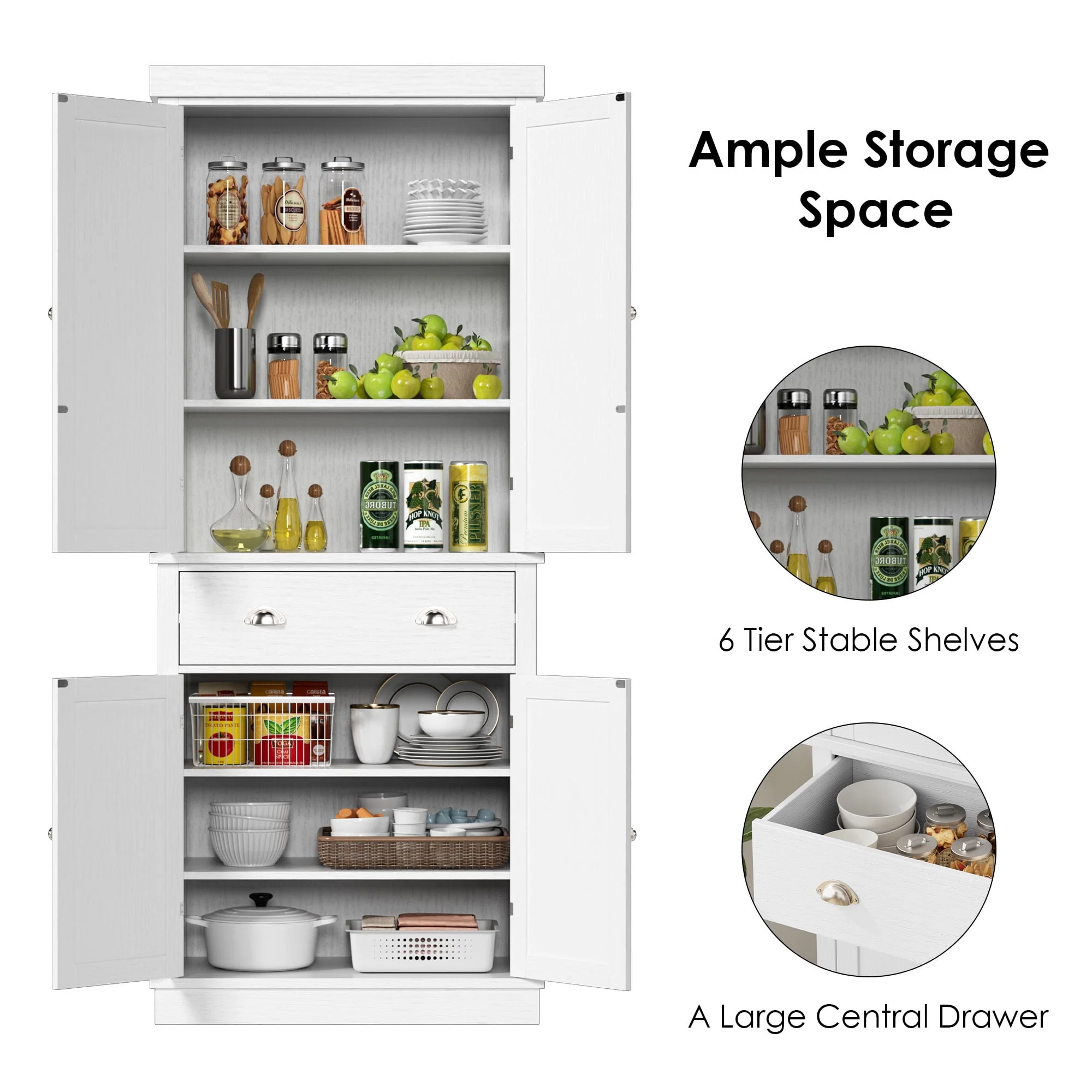 Homfa 72.4'' Tall Kitchen Pantry with 4 Doors, Large Drawer Shelves Wood Storage Cabinet for Dining Room Living Room, White