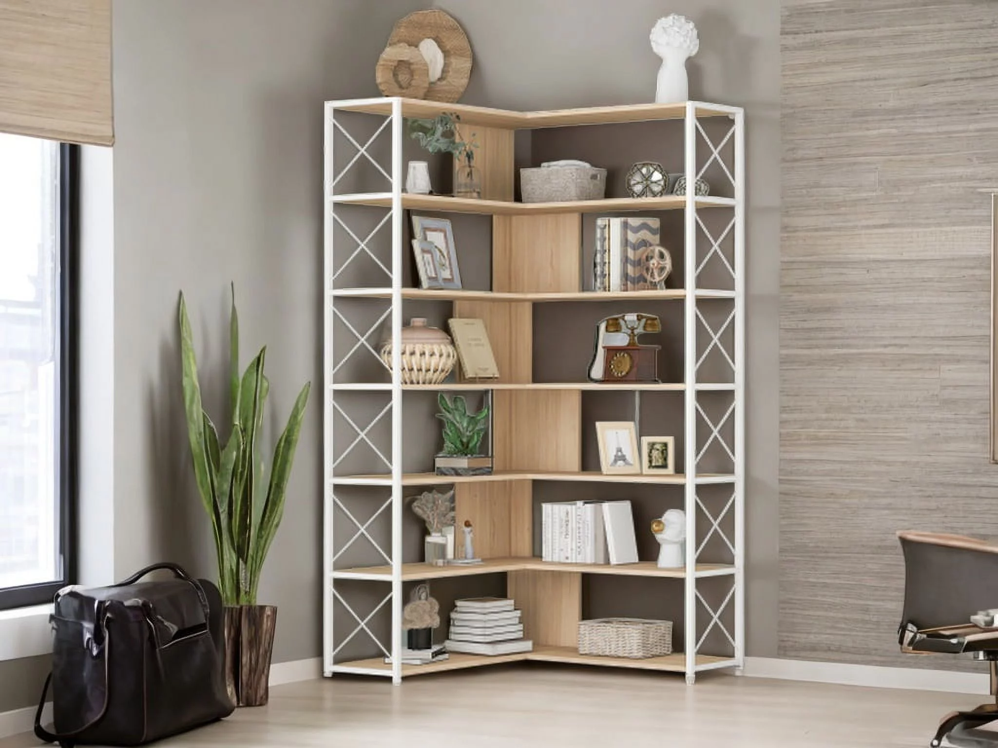 L-Shaped Corner Bookshelf 7-Tier Bookcase with Metal Frame and Industrial Style Design - Spacious Home Office Shelf for Books, Decor, MDF Boards - Sturdy and Stylish Storage Solution (Oak)