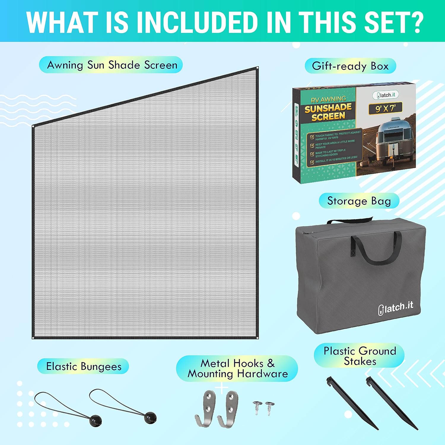 LATCH.IT RV Awning Shade Screen 7x9’ | Side RV Awning Screen | Mesh Awning Shade for Camper | UV-Resistant RV Awning Sunshade | Provides Wind Protection, Shade, and Privacy Pack of 2