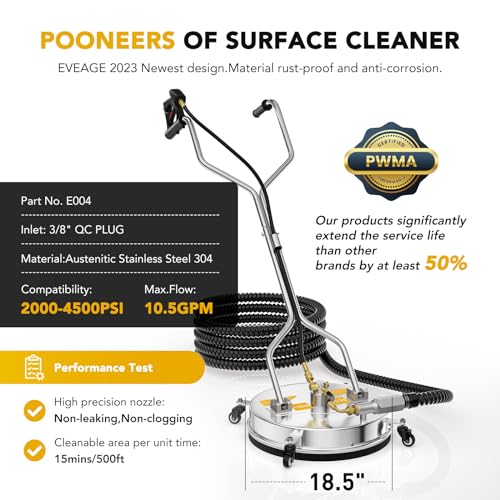 EVEAGE 14.5" Pressure Washer Surface Cleaner, Stainless Steel Pressure Washer Accessories 4 Weels & 1/4" Quick Connector, 4,000 PSI Power Washer for Driveways Sidewalks Patios Cleaning