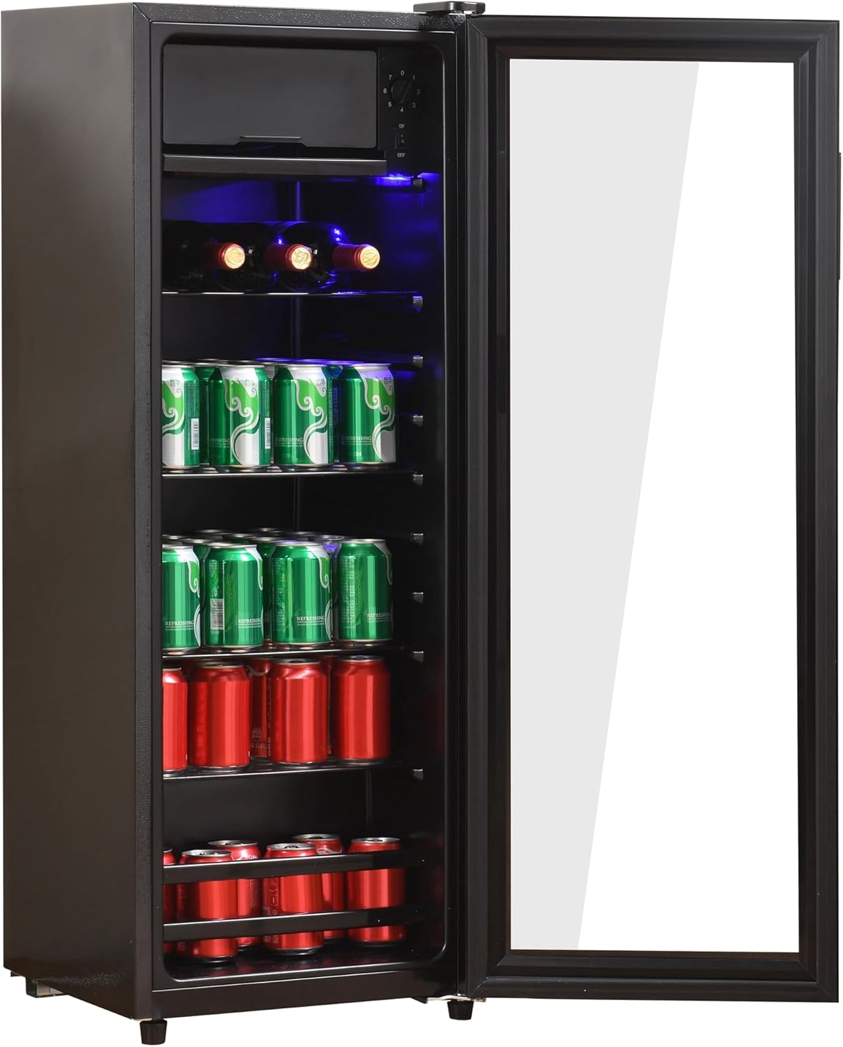 4.5Cu.ft mini fridge, 0.3Cu.ft freezer, up to 94 cans of soda, beer or wine. Silent, high-efficiency and energy-saving compressor, LED lighting, 16.10"×15.70"×43.10", home, RV, apartment, office, etc.