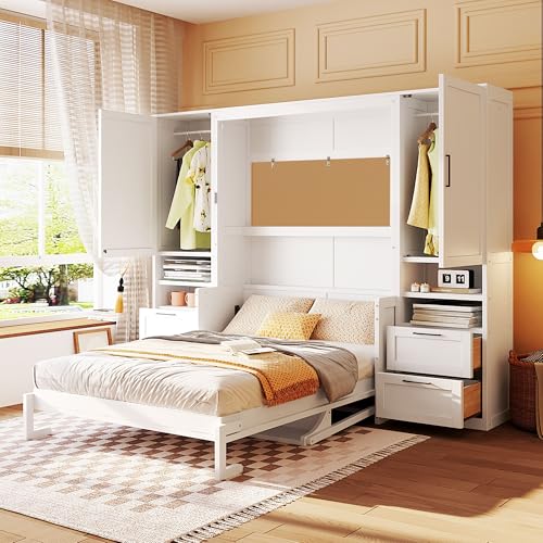 KLMM Wooden Murphy Bed Wall Bed with 2 Wardrobe and Storage Shelf,Foldable Platform Bedframe for Guest-Room Bedroom Study Office Use (White#E, Full)