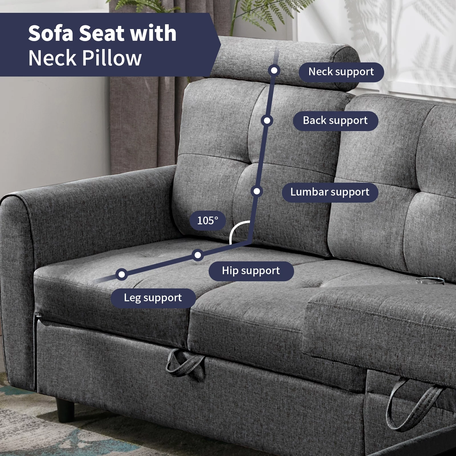 ZAFLY Convertible Sectional Couch, L Shaped Sofa with Storage Chaise, Modern Sectional Sofa with Cup Holders and Neck Pillows, Reversible Sectional Couch for Living Room, Dark Grey