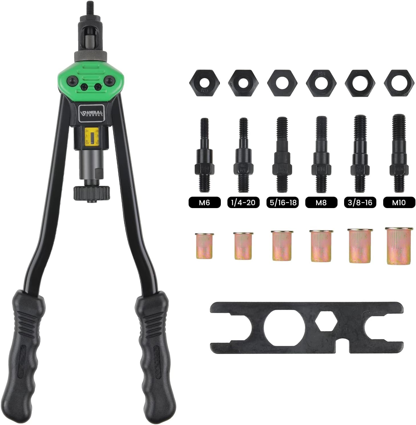 Anbull Rivet Nut Tool, 16" Nutsert Rivet Tool Kit with 6 Metric and SAE Mandrels M6 M8 M10, 1/4-20, 5/16-18, 3/8-16, Rivnut Tool Kit with 30PCS Rivet Nuts Pack of 2