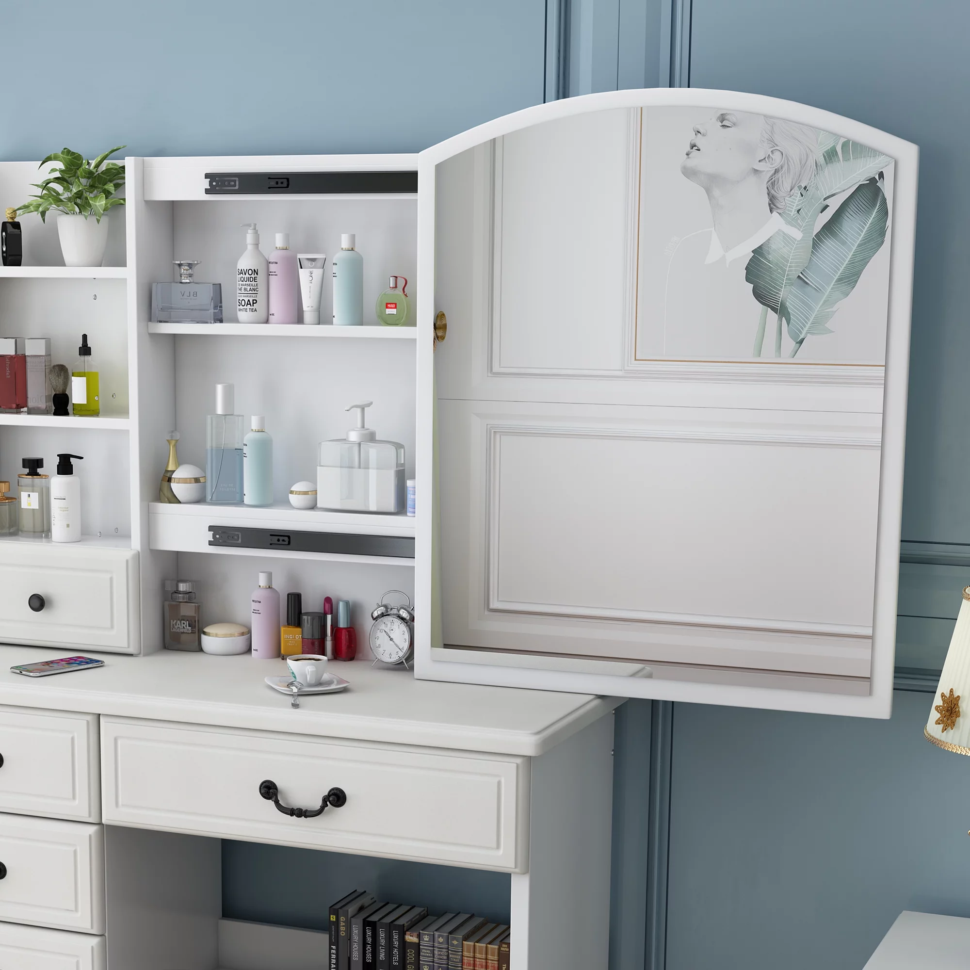 Leavader Vanity Desk with Mirror and Led Lights, Makeup Vanity Table Set with 3 Color Lighting Brightness Adjustable, 6 Drawers, White Color Dress Vanity Table