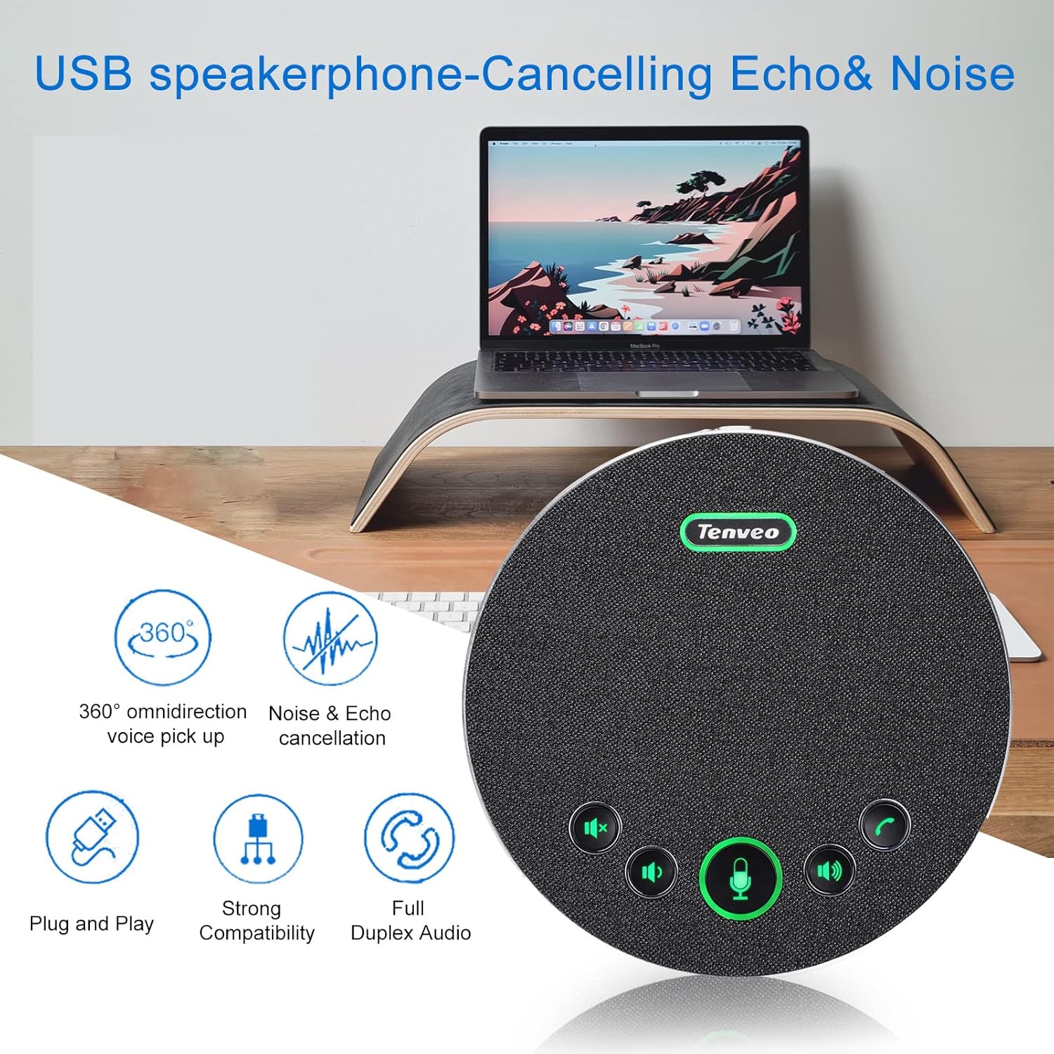 TONGVEO USB Speakerphone Conference Microphone,M3 Conference Speaker Built-in Full Duplex 360°Voice Pickup 4 AI Microphones Noise Cancellation Mics for Video Conference,Gaming,Chatting,Skype…