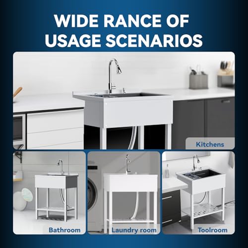 Stainless Steel Utility Sink,24" FreeStanding Laundry&Utility Room Sinks with Cold and Hot Water Faucet,Hoses and Drain Kit Commercial Single Bowl,Laundry Sink for Kitchens, Garage (24x18x36 Black)