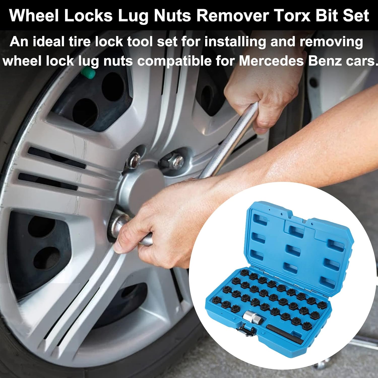 32PCS Automotive Wheel Locks Lug Nuts Socket Set Compatible for Mercedes Benz, Wheel Locks for Cars Key Stripped Remover Torx Bit Set Wheel Anti-Theft Screws Tool Bolt Extractor Set