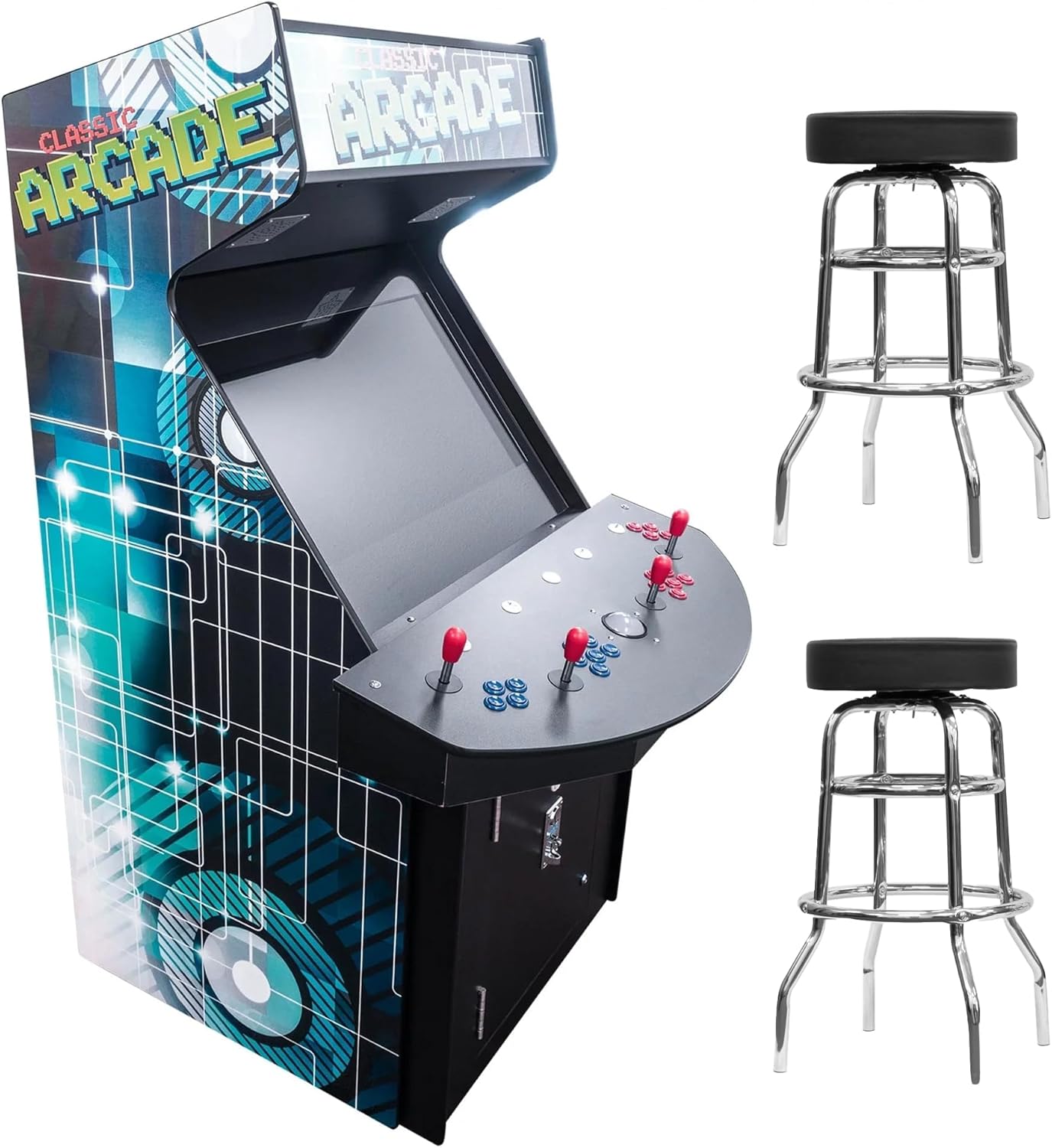 Creative Arcades Full Size Stand-Up Commercial Grade Arcade Machine | 4 Player | 3500 Games | 32" LCD Screen | 4 Sanwa Joysticks | Trackball | 2 Stools Included | 3 Year Warranty