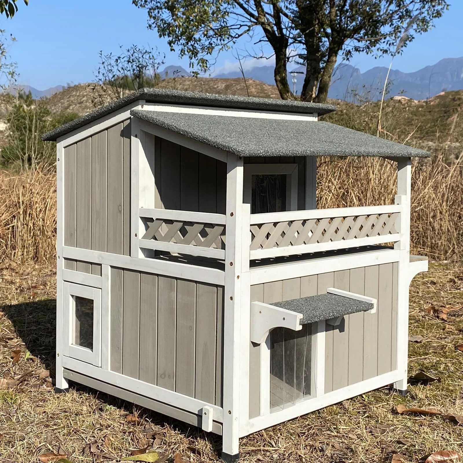 PETSCOSSET Cat House Outdoor 2-Story Wooden Kitty Shelter with Balcony, Gray