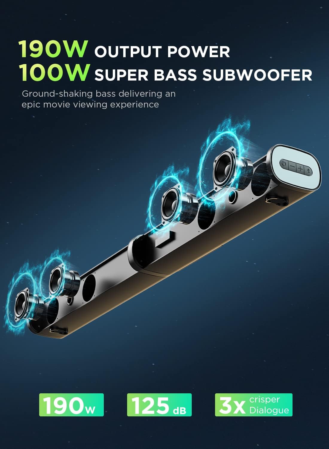 Sound Bars for TV, 190W 2.1CH Sound Bar with Subwoofer,125dB, 6 EQ Modes, LED Display Off, Bass Adjustable Surround Sound, HDMI/Optical/Aux/USB, Remote Control, Wall Mountable