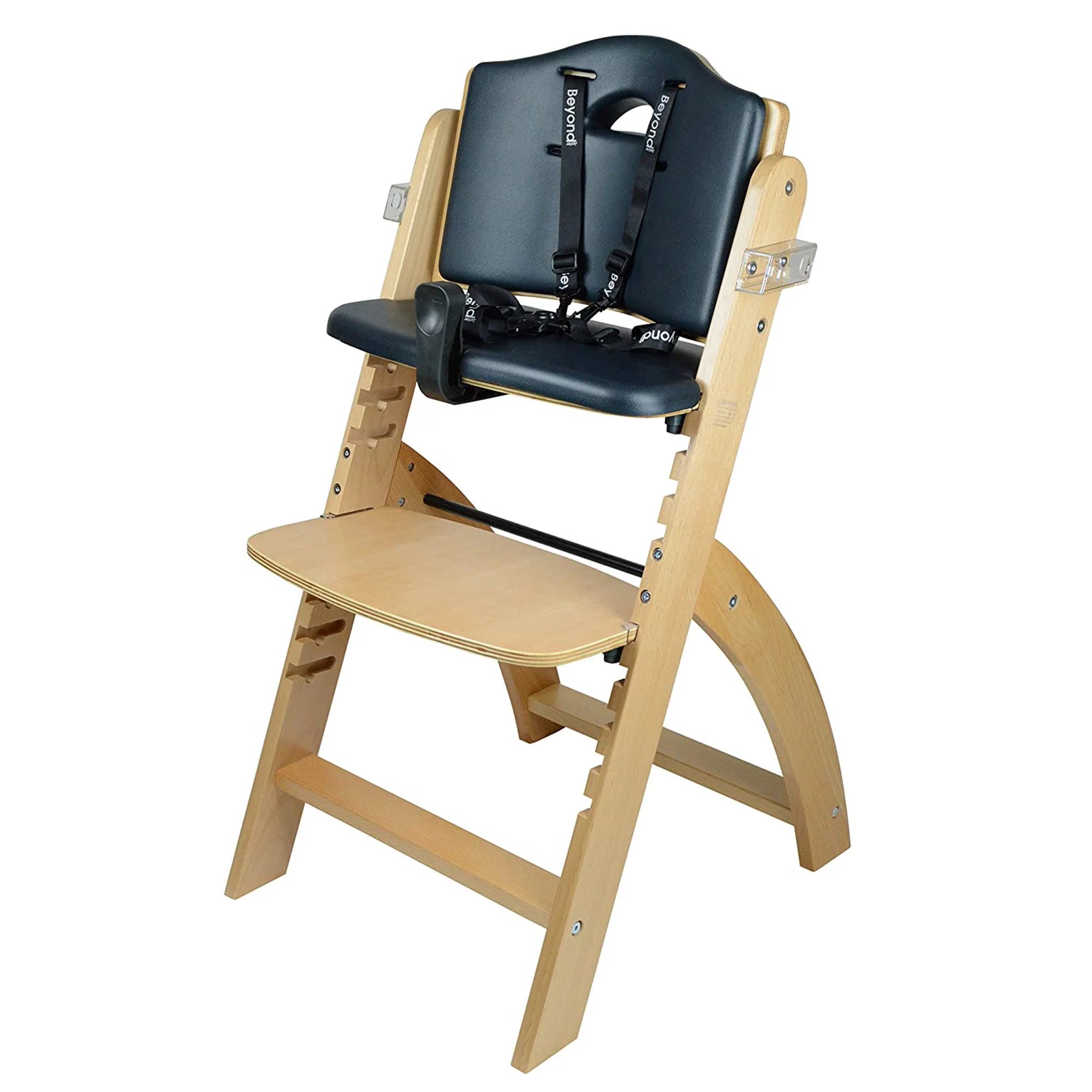 Abiie Beyond Wooden High Chair with Tray. The Perfect Adjustable Baby Highchair Solution for Your Babies and Toddlers or as a Dining Chair. (6 Months up to 250 Lb) (Natural Wood - Black Cushion)