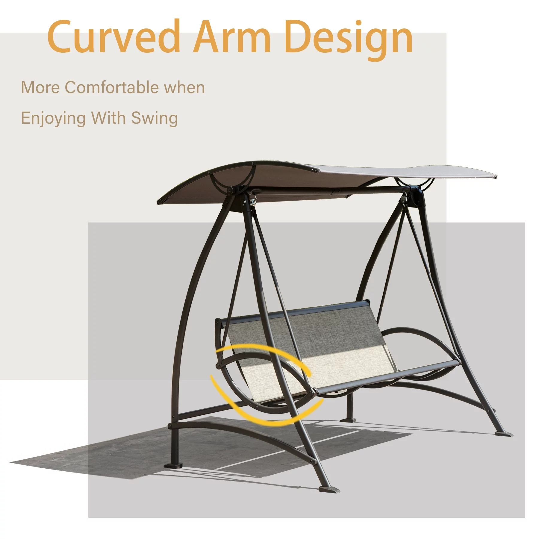 Domi Porch Patio Swing with Adjustable Canopy, 3-seat Swing with Stand, Outdoor Swings w/Armrests, Weather Resistant Steel Frame and Textilene Fabric