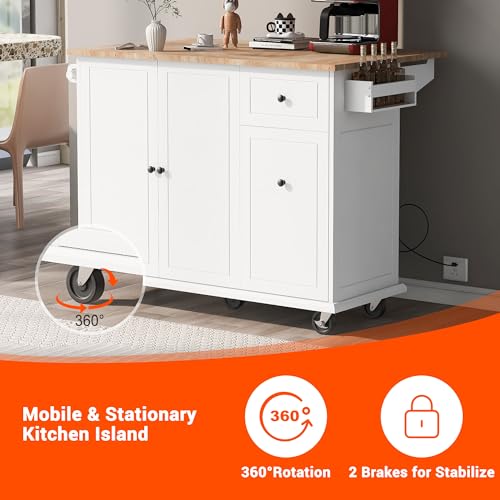 LUMISOL Kitchen Cart with Wood Top, Rolling Kitchen Island Cart with Spice Rack, Towel Rack and 4 Drawers, Storage Cabinet with Open Shelves and Door