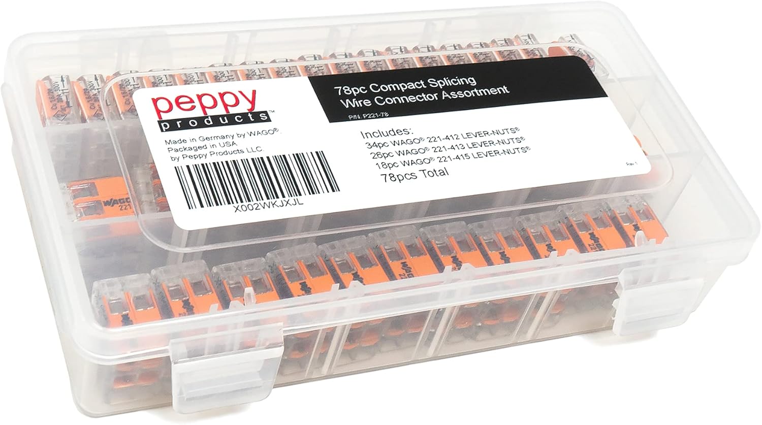 WAGO 221 LEVER-NUTS 78pc Compact Splicing Wire Connector Assortment with Case. Includes (34x) 221-412, (26x) 221-413, (18x) 221-415