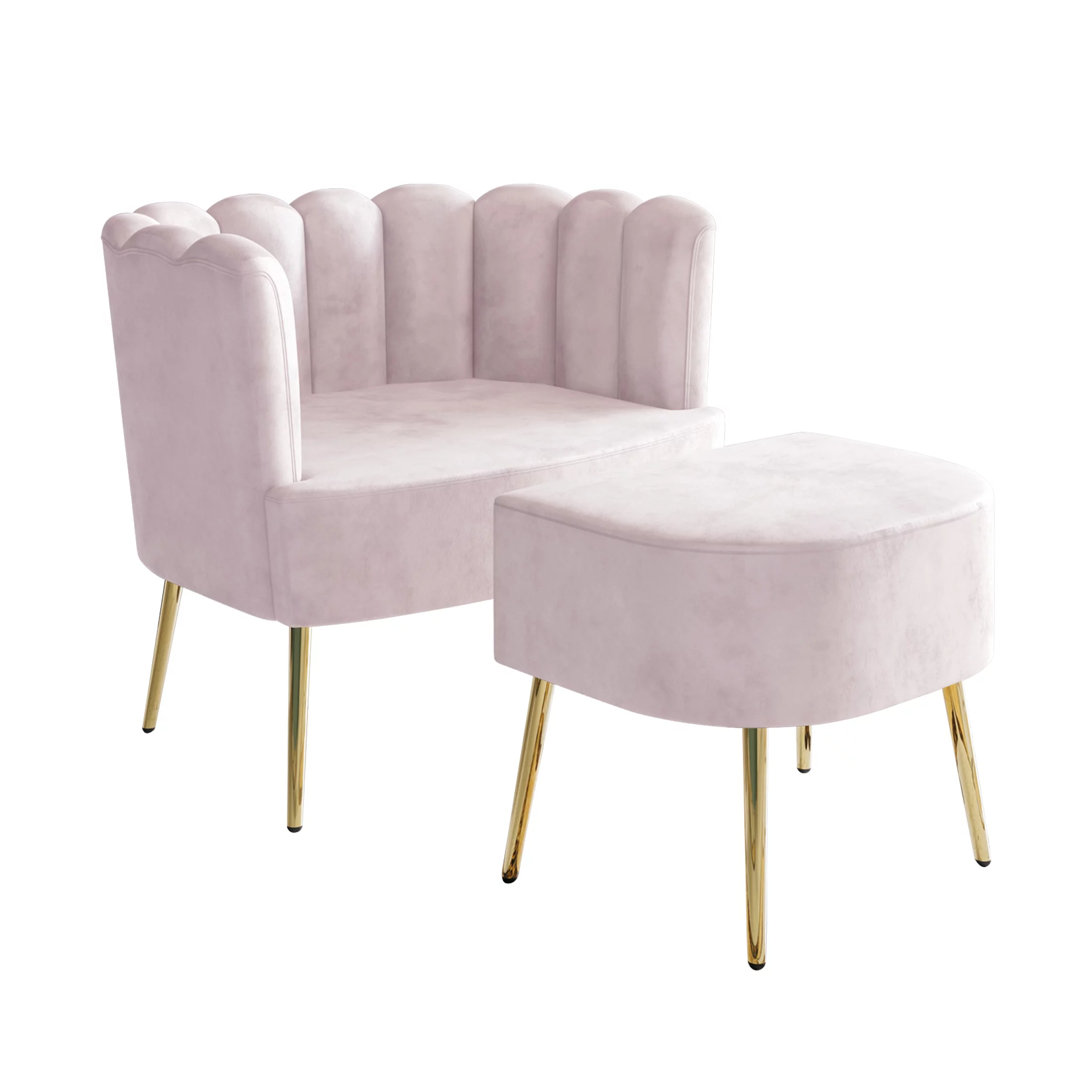 Castle Place Modern Luxury Upholstered Velvet Chair with Stool, Light Pink
