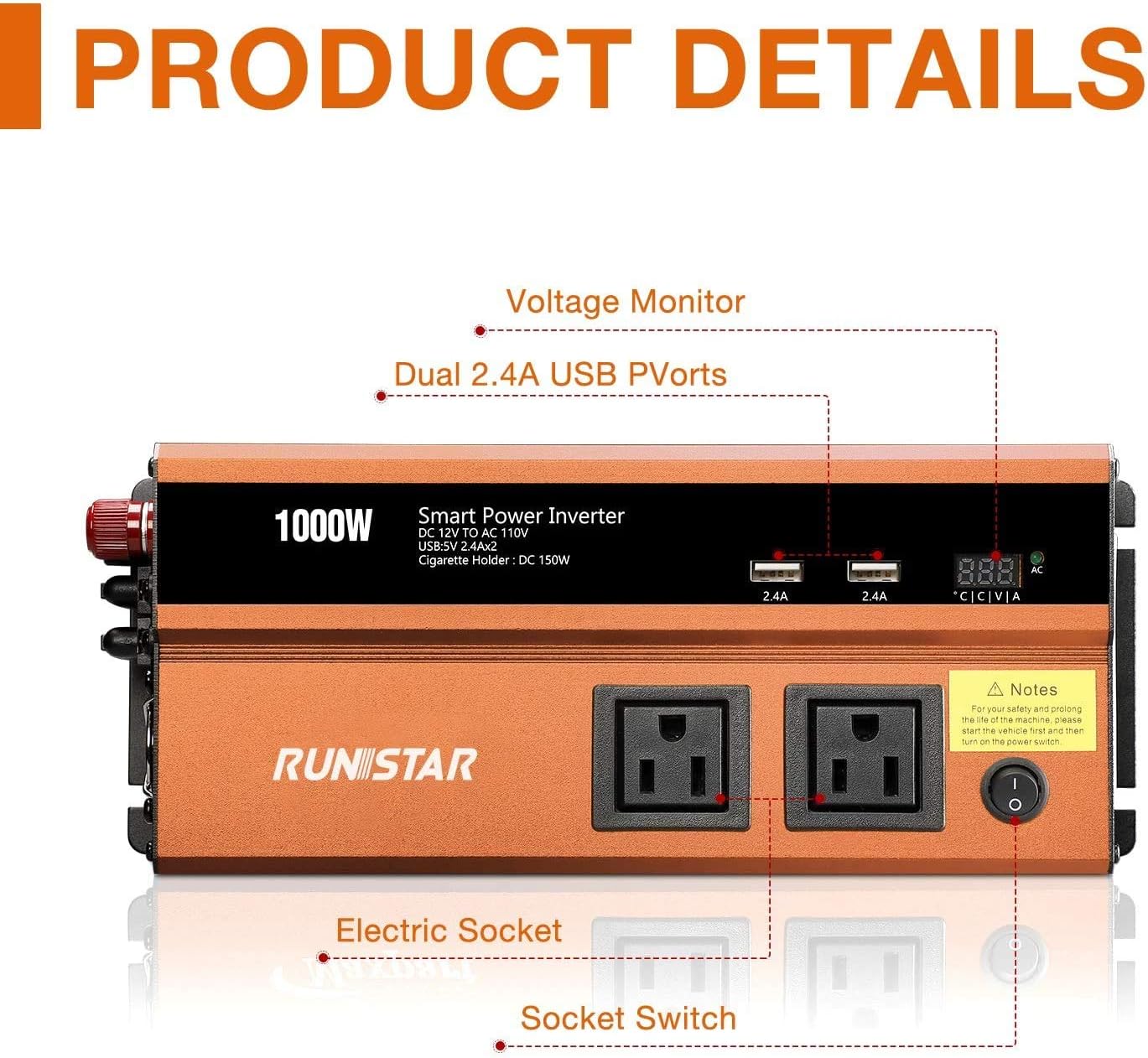 1000W Power Inverter DC 12V to 110V AC Car Inverter with Dual AC Outlets 2.4A USB and Dual 12V Car Cigarette Lighter Modified Wave Inverter Pack of 2