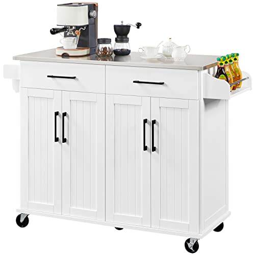 Topeakmart Mobile Kitchen Island with Stainless Steel Countertop and Double Drawers and Double Cabinets, Kitchen Cart with Spice Rack