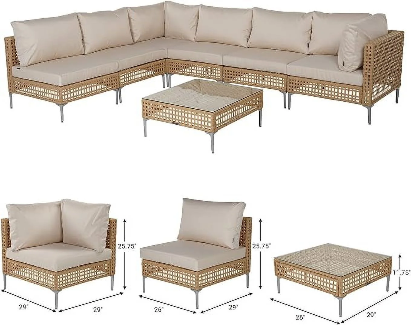 Grand Patio 7-Piece Wicker Patio Furniture Set, All-Weather Outdoor Conversation Set Sectional Sofa with Water Resistant Beige Thick Cushions and Coffee Table