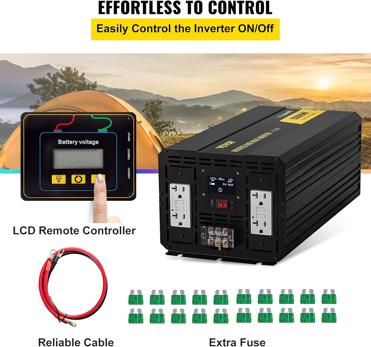 VEVOR Power Inverter, 5000W Modified Sine Wave Inverter, DC 12V to AC 110V Car Converter, with LCD Display, Remote Controller, LED Indicator, GFCI Outlets Inverter for Truck RV Car Boat Travel Camping