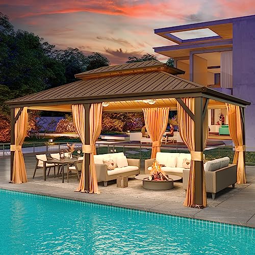 YOLENY 10' x 12' Hardtop Gazebo, Wood-Looking Gazebo with Galvanized Steel Double Roof, Aluminum Frame, Permanent Metal Pavilion with Netting and Curtains for Deck, Backyard, Patio and Lawns