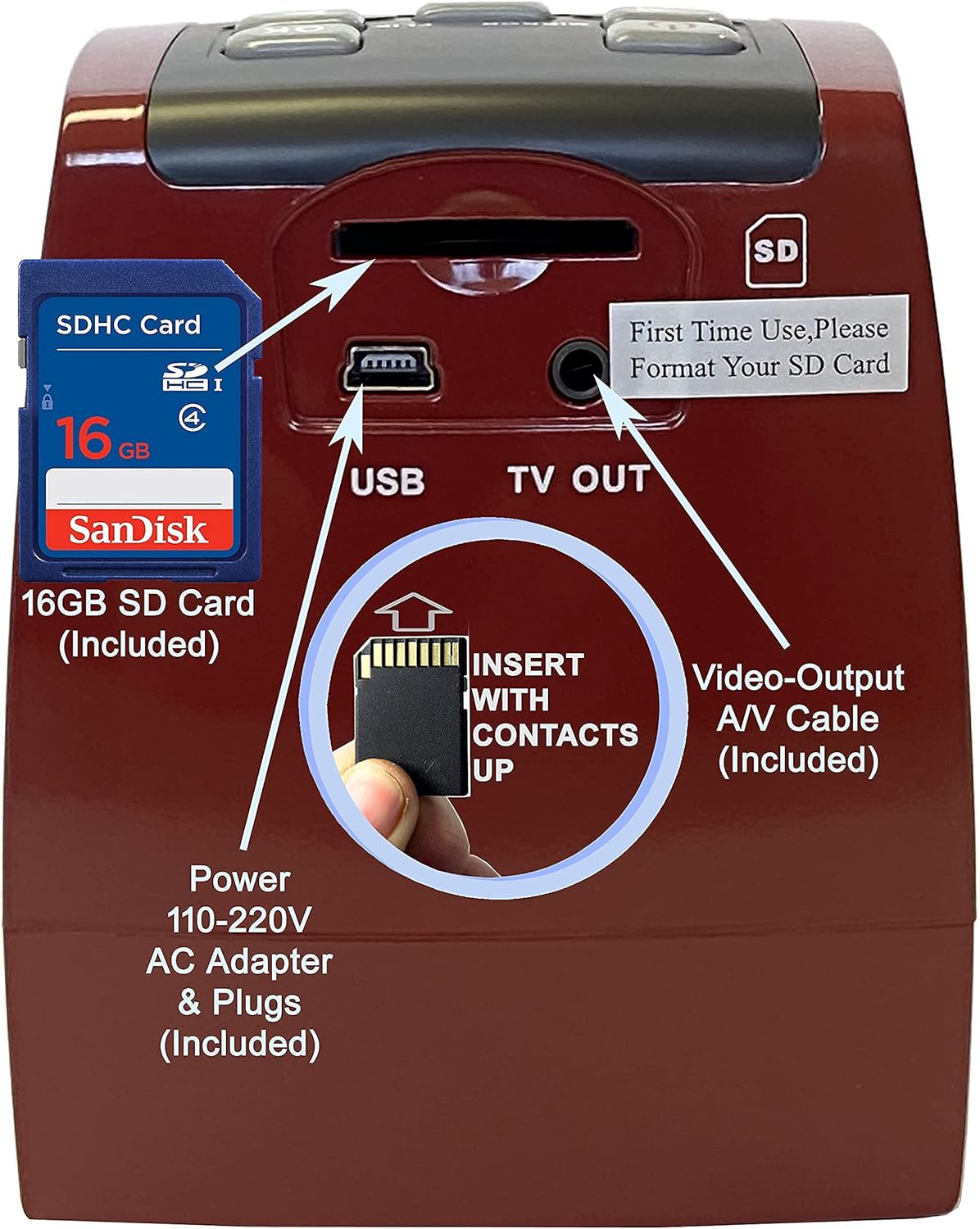 MINOLTA Film & Slide Scanner, Convert Color & B&W 35mm, 126, 110 Negative & Slides, Super 8 Films to 22MP JPEG Digital Photos, 16GB SD Card, Worldwide (Red)