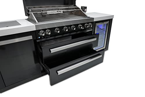 Mont Alpi Stainless Steel Island Outdoor Kitchen Gas Barbecue Grill w/Wine Cooler Compact Refrigerator Beverage Center + Granite Countertops & Sides