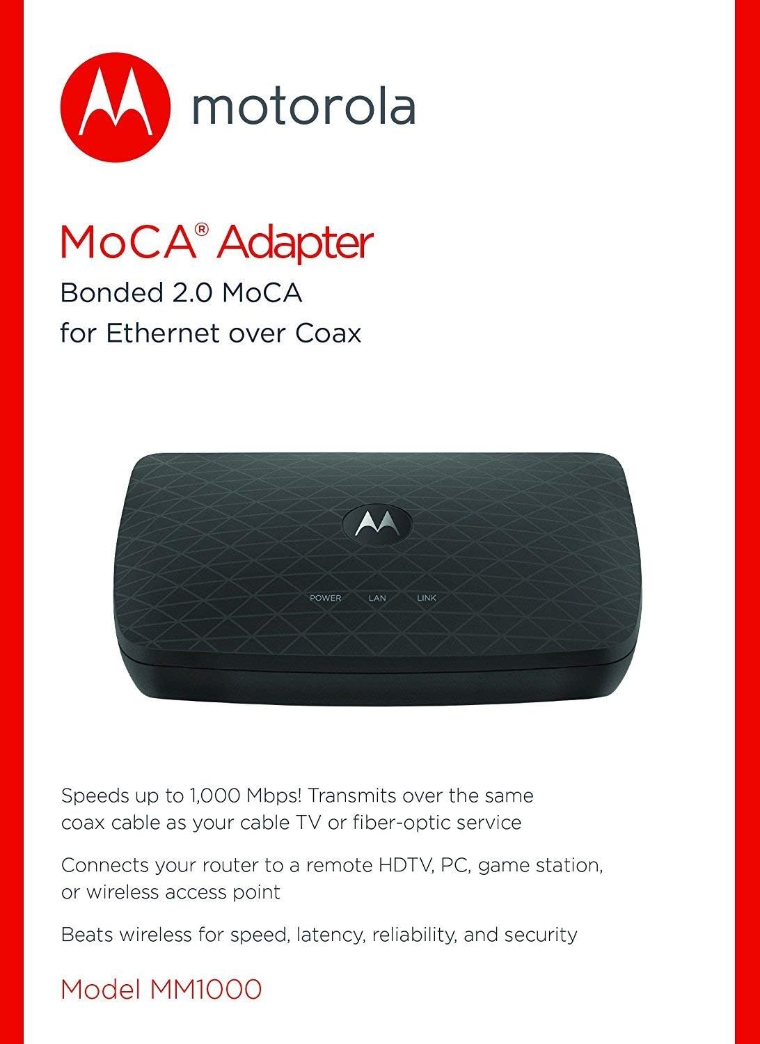 Motorola MOCA Adapter for Ethernet Over Coax, 1,000 Mbps Bonded 2.0 MoCA (Model MM1000) (Renewed)