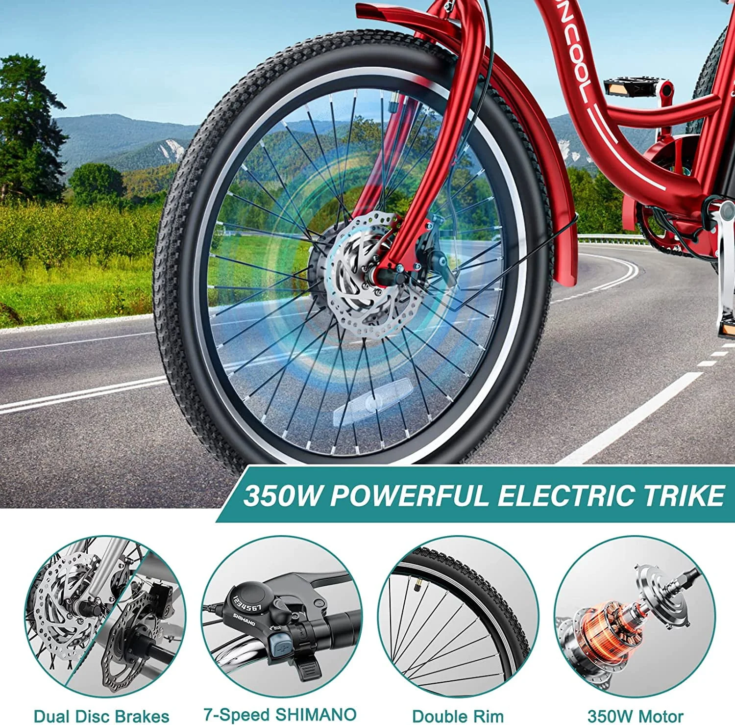 MOONCOOL 24/26 Electric Tricycle for Adults, 350W 36V 7 Speeds Electric Trike Motorized Three Wheel Electric Bikes Bicycle with Large Basket for Women Men