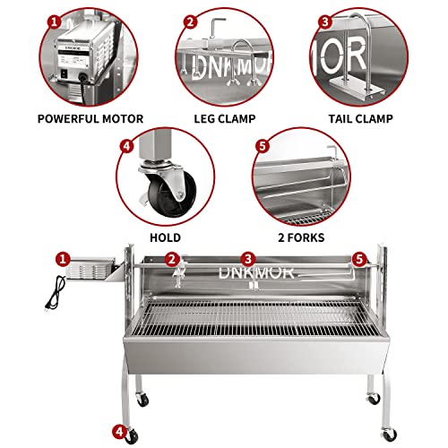 Rotisserie Grill Kit Stainless Steel Tripod Rotisserie Stand, 52inch Pig Lamb Hooded Roaster Charcoal Spit with Motor & Adjustable Height Lockable Casters for Outdoor Camping Party