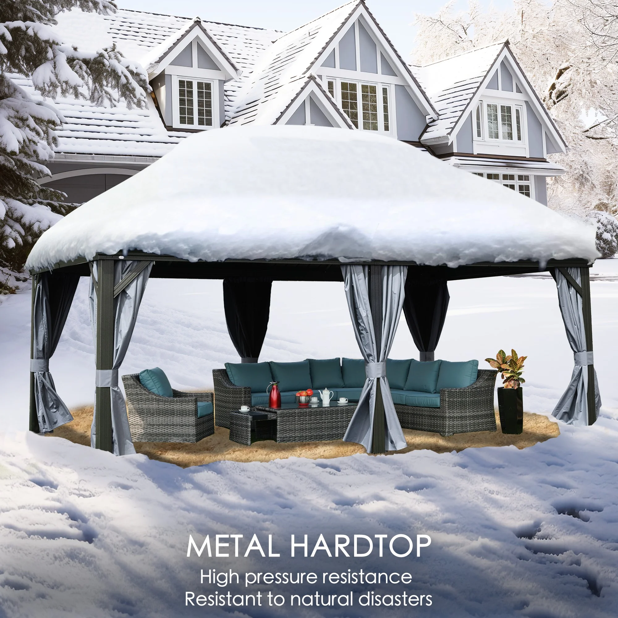 Kozyard Alexander Hardtop Aluminum Permanent Gazebo with a Mosquito Net and Privacy Sidewalls (Alexander 12'x18' (Gray))