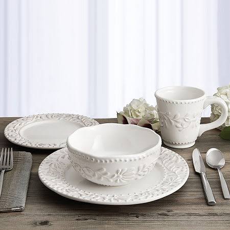 American Atelier 16 Piece Bianca Leaf Round Dinnerware Set, White