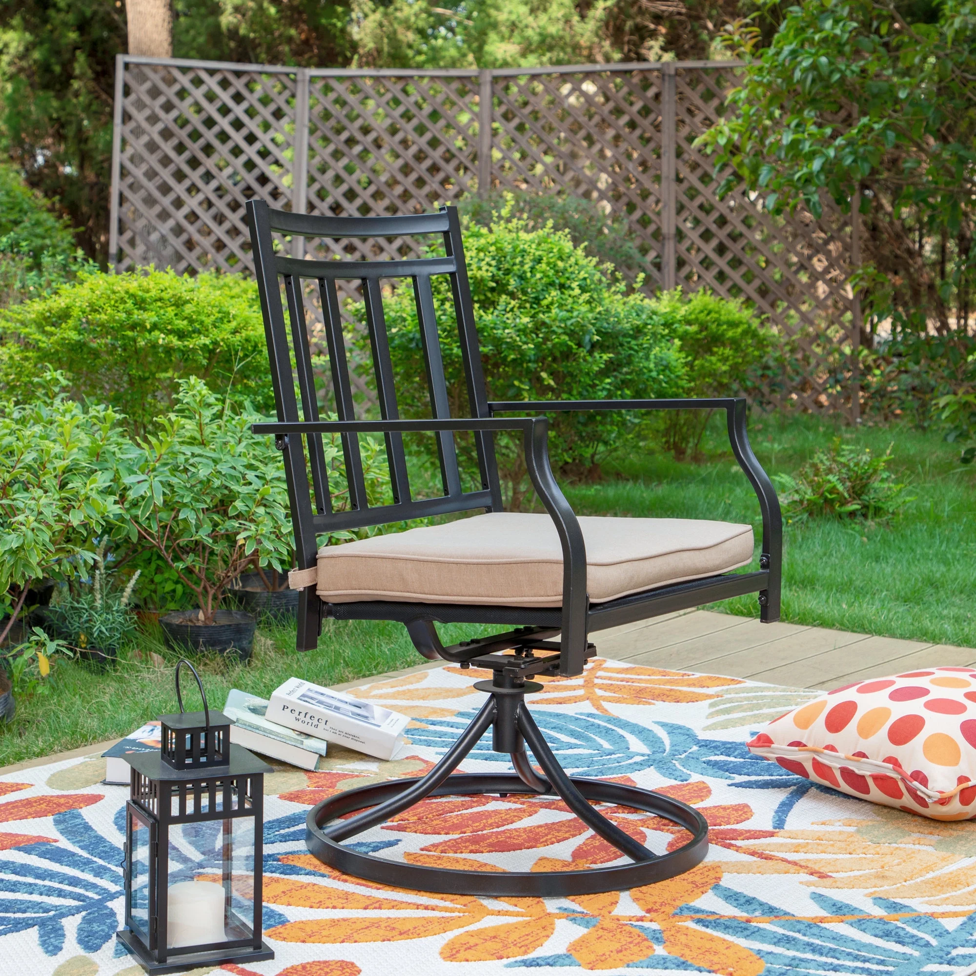 MF Studio 7-Piece Outdoor Dining Set with Swivel Cushioned Chairs & Rectangle Table for 6-Person, Black & Beige