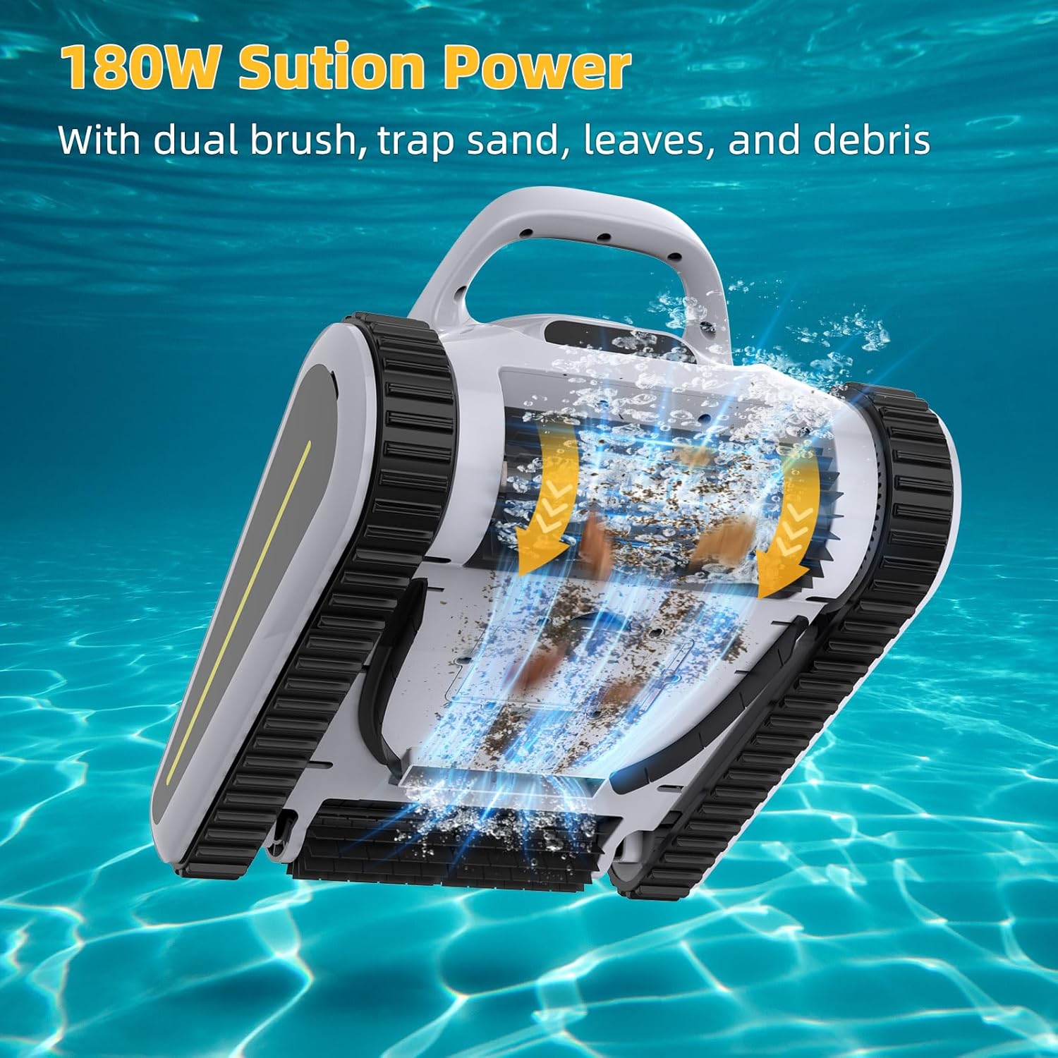 Seauto Robotic Pool Cleaner: Cordless Vacuum with 180W Suction, Wall Climbing, LED Indicator, and Self-Park for Above Ground & Inground Pools up to 2,000 sq. ft.-Grey