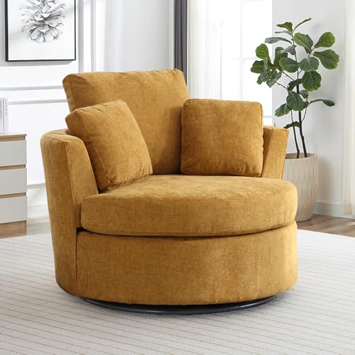 Chair and A Half with Ottoman, 360° Swivel Accent Barrel Chair Modern Comfy Round Reading Sofa Swivel Chairs Circle Lounge Chair for Bedroom Living Room w/4 Pillow Lower Seating Heigh (White, Large)