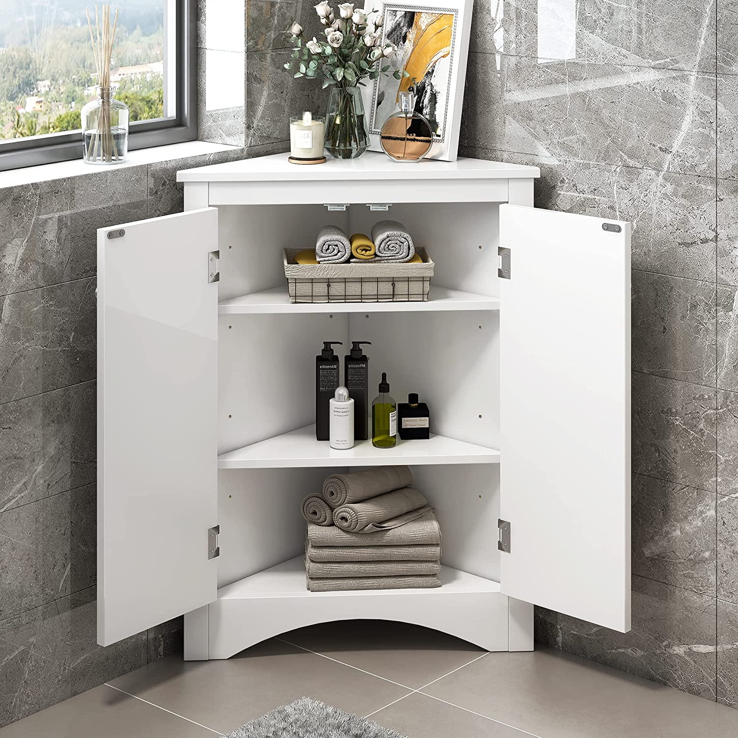 WAGEE Bathroom Corner Storage Cabinet - 2 Adjustable Shelves and 2 Doors Triangle Cabinets Furniture - Floor Cabinets Decorations for Home Kitchen Bathroom Living Room Small Space White Grey